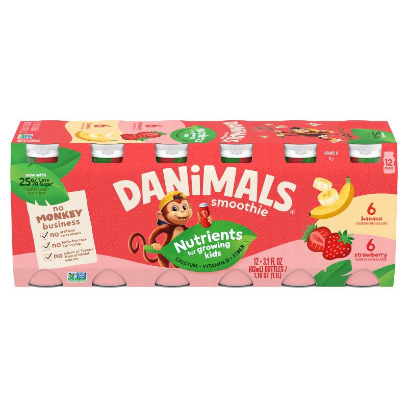 slide 1 of 12, Danimals Strawberry & Banana Split Kids' Smoothies - 12ct/3.1 fl oz Bottles, 12 ct; 3.1 fl oz