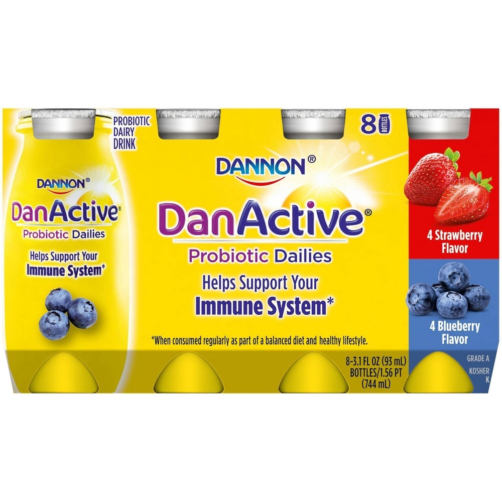 slide 2 of 8, Dannon DanActive Strawberry/Blueberry Probiotic Yogurt Drink, 3.1 fl oz, 8 ct