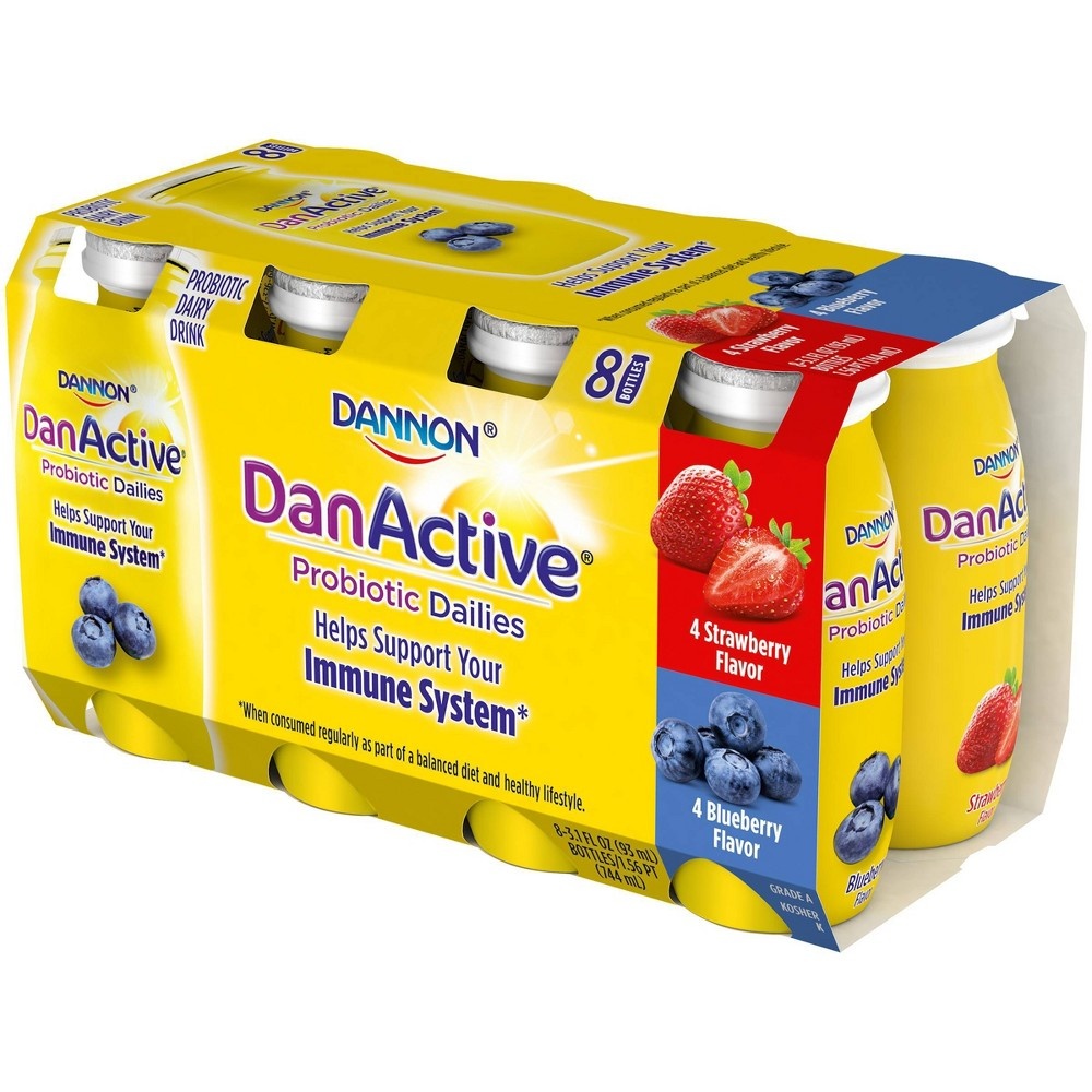 slide 4 of 8, Dannon DanActive Strawberry/Blueberry Probiotic Yogurt Drink, 3.1 fl oz, 8 ct