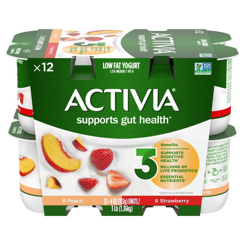 slide 2 of 16, Activia Probiotic Peach & Strawberry Yogurt Variety Pack - 12ct/4oz Cups, 12 ct; 4 oz