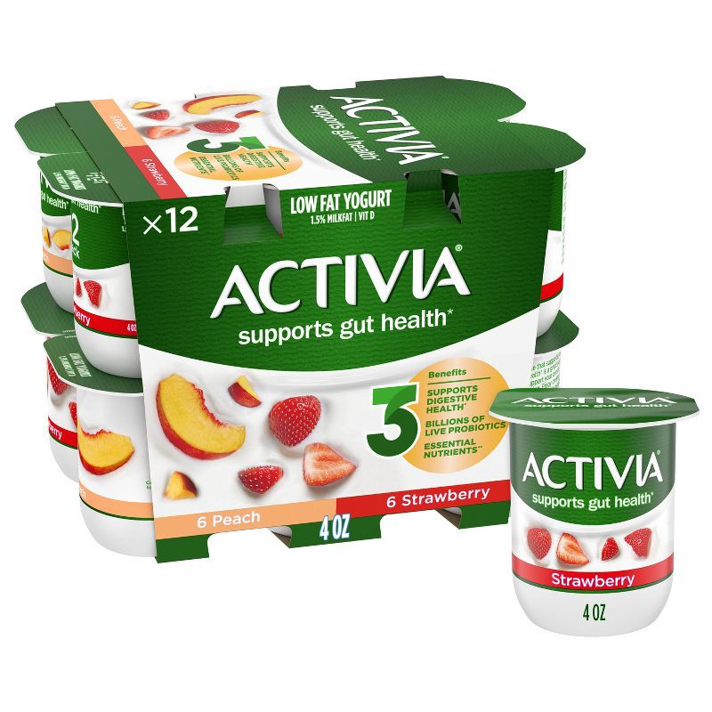 slide 1 of 16, Activia Probiotic Peach & Strawberry Yogurt Variety Pack - 12ct/4oz Cups, 12 ct; 4 oz