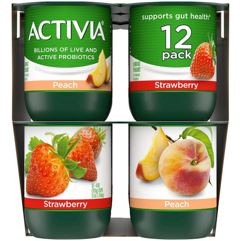 slide 8 of 16, Activia Probiotic Peach & Strawberry Yogurt Variety Pack - 12ct/4oz Cups, 12 ct; 4 oz