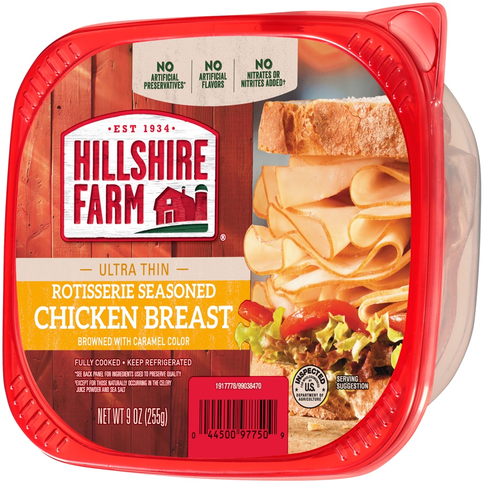 slide 2 of 3, Hillshire Farm Ultra Thin Sliced Rotisserie Seasoned Chicken Breast Sandwich Meat, 9 oz, 255.15 g