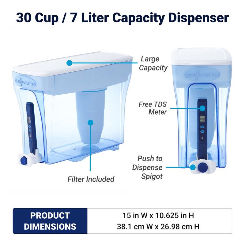 slide 4 of 12, ZeroWater 30 Cup Ready-Pour Water Filtering Dispenser with Free Water Quality Meter: BPA-Free, Removes Lead & Mercury, 1 ct