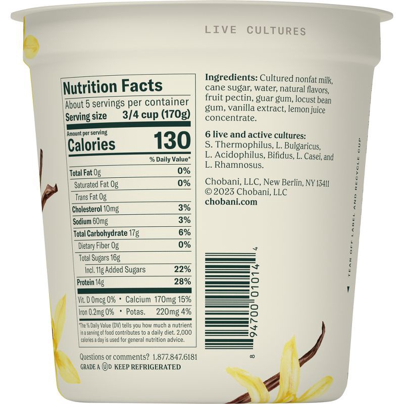 slide 2 of 7, Chobani Vanilla Blended Nonfat Greek Yogurt - 14g Protein 32oz, 14 gram, 32 oz