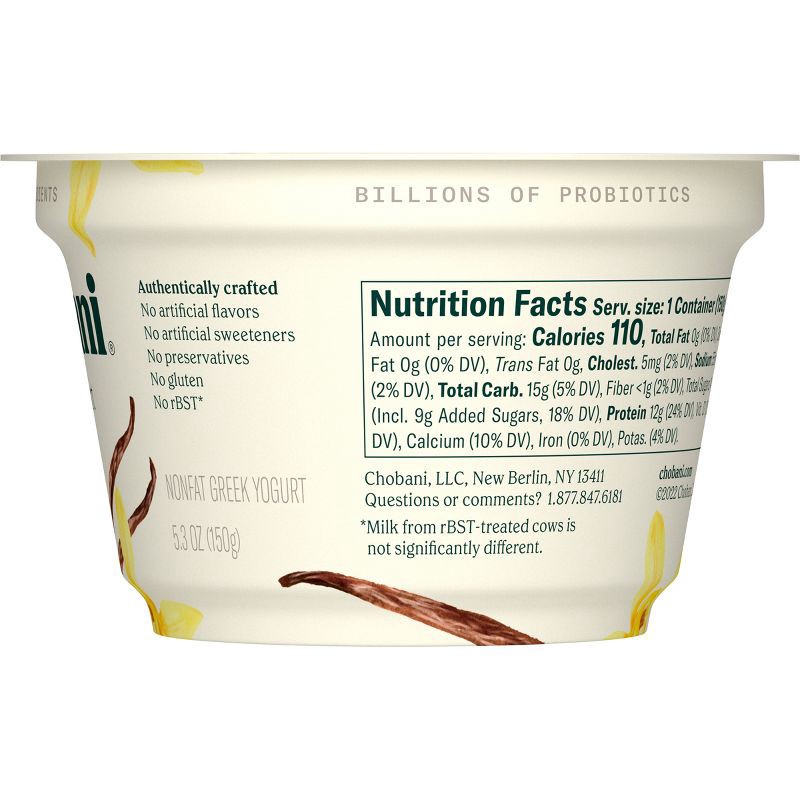 slide 6 of 7, Chobani Vanilla Blended Nonfat Greek Yogurt - 12g Protein 5.3oz, 12 gram, 5.3 oz