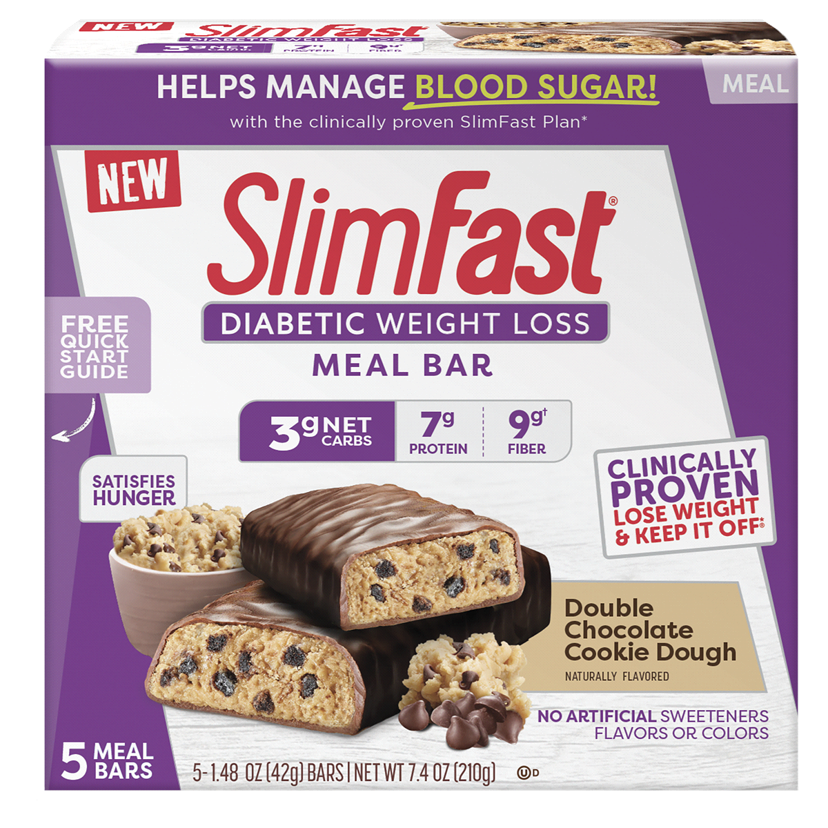 slide 1 of 1, SlimFast Diabetic Cookie Dough Bars, 5 ct