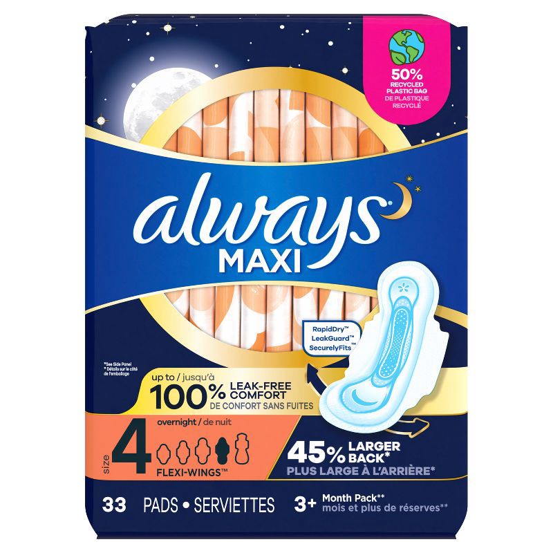 slide 2 of 9, Always Maxi Pads Overnight Absorbency Unscented with Wings - Size 4 - 33ct, 33 ct