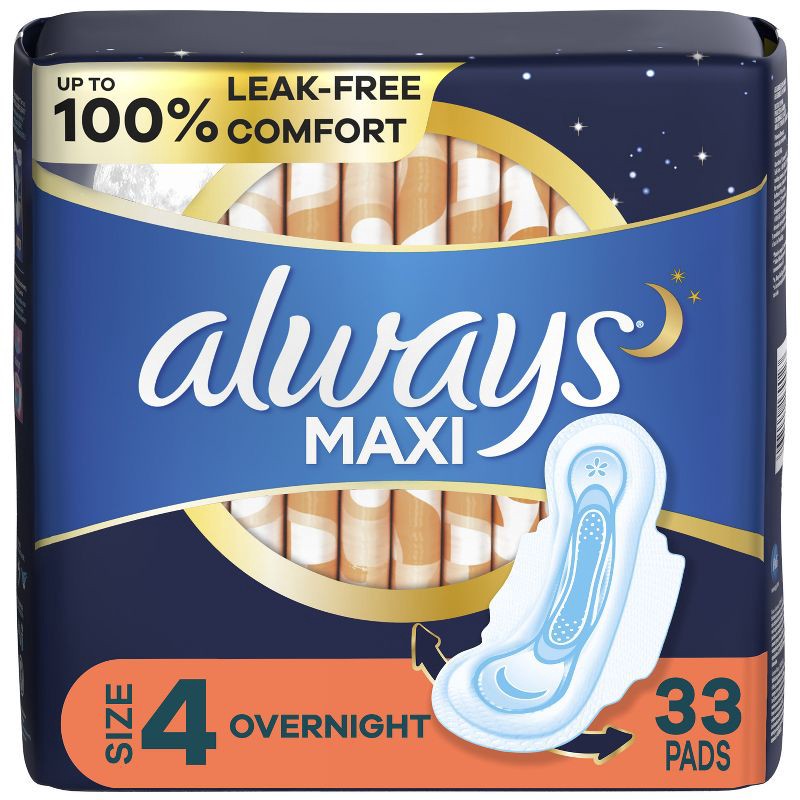 slide 1 of 9, Always Maxi Pads Overnight Absorbency Unscented with Wings - Size 4 - 33ct, 33 ct