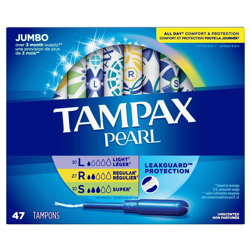 slide 3 of 9, Tampax Pearl Tampons Trio Pack with Plastic Applicator and LeakGuard Braid - Light/Regular/Super Absorbency - Unscented - 47ct, 47 ct