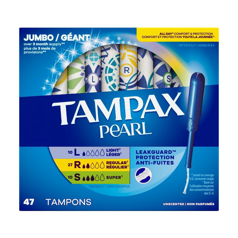 slide 14 of 14, Tampax Pearl Tampons Trio Pack with Plastic Applicator and LeakGuard Braid - Light/Regular/Super Absorbency - Unscented - 47ct, 47 ct