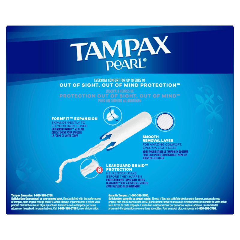 slide 9 of 9, Tampax Pearl Tampons Trio Pack with Plastic Applicator and LeakGuard Braid - Light/Regular/Super Absorbency - Unscented - 47ct, 47 ct