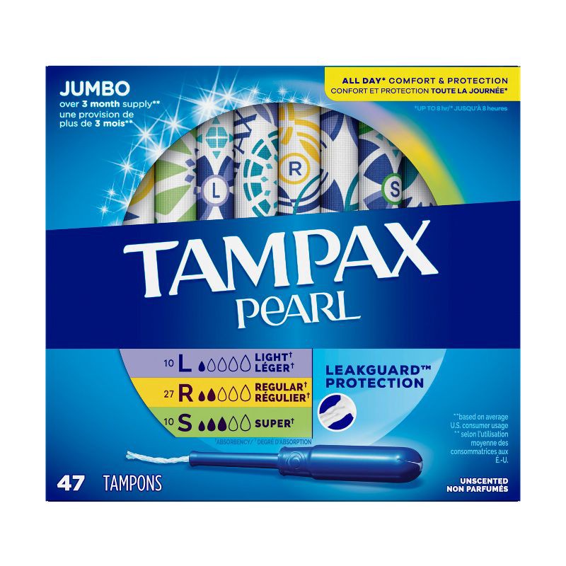 slide 10 of 10, Tampax Pearl Tampons Trio Pack with Plastic Applicator and LeakGuard Braid - Light/Regular/Super Absorbency - Unscented - 47ct, 47 ct