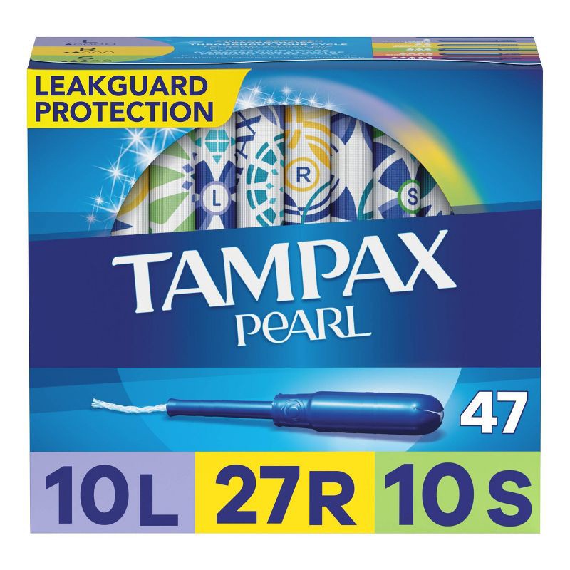 slide 1 of 9, Tampax Pearl Tampons Trio Pack with Plastic Applicator and LeakGuard Braid - Light/Regular/Super Absorbency - Unscented - 47ct, 47 ct