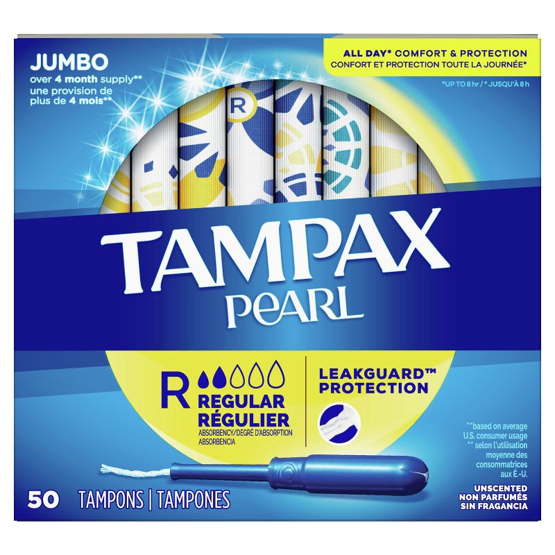 slide 9 of 10, Tampax Pearl Tampons Regular Absorbency with LeakGuard Braid - Unscented- 50ct, 50 ct