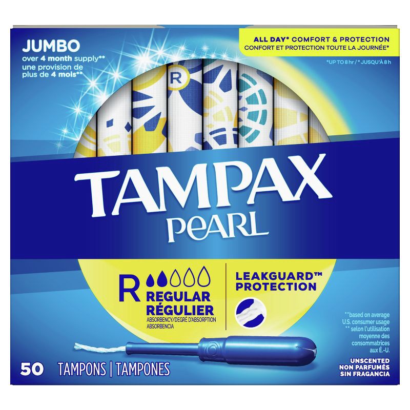 slide 9 of 9, Tampax Pearl Tampons Regular Absorbency with LeakGuard Braid - Unscented- 50ct, 50 ct