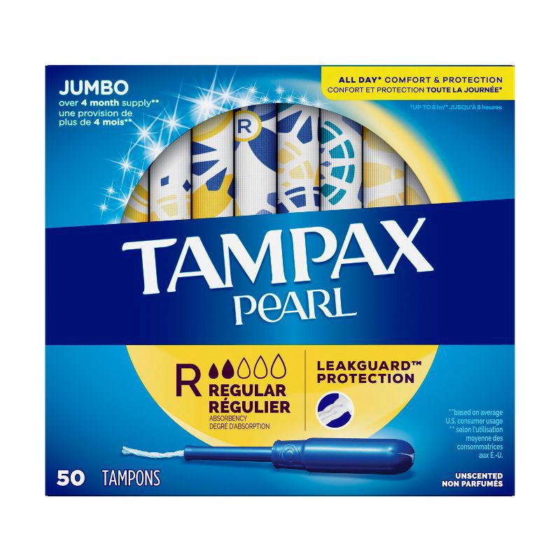 slide 10 of 10, Tampax Pearl Tampons Regular Absorbency with LeakGuard Braid - Unscented- 50ct, 50 ct