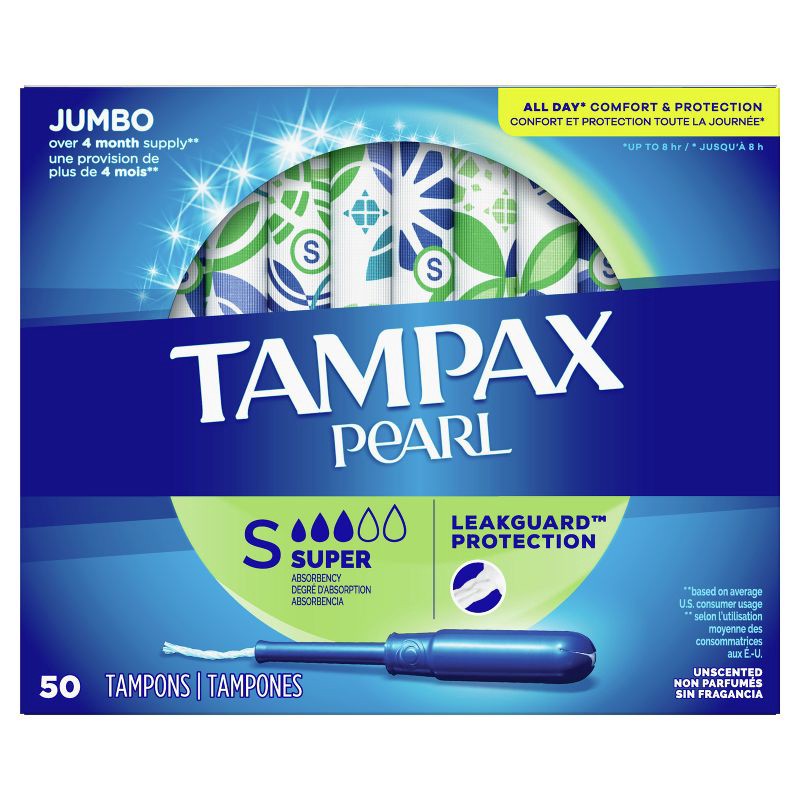 slide 2 of 9, Tampax Pearl Tampons Super Absorbency with LeakGuard Braid - Unscented - 50ct, 50 ct