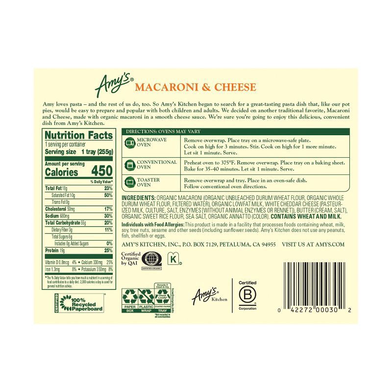 slide 2 of 8, Amy's Frozen Organic Macaroni & Cheese - 9oz, 9 oz