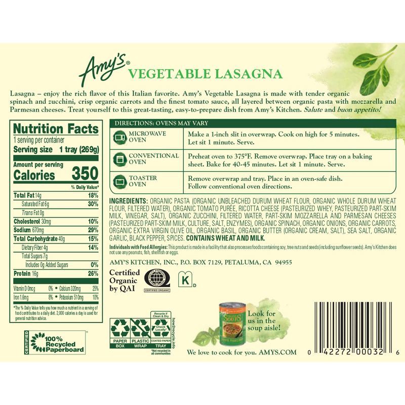 slide 3 of 4, Amy's Frozen Organic Vegetable Lasagna - 9.5oz, 9.5 oz