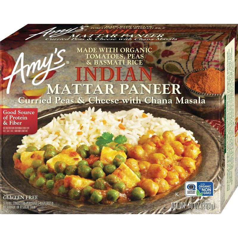 slide 1 of 4, Amy's Frozen Indian Mattar Paneer Non-GMO, Gluten Free - 10 oz., 10 oz