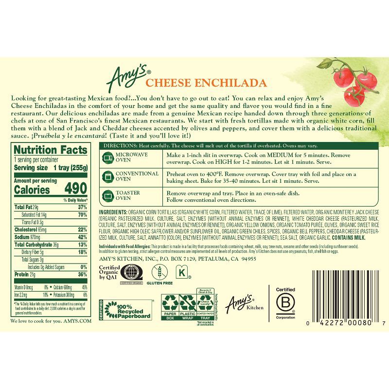 slide 2 of 11, Amy's Organic Gluten Free Frozen Corn & Tomatoes Enchilada - 9oz, 9 oz