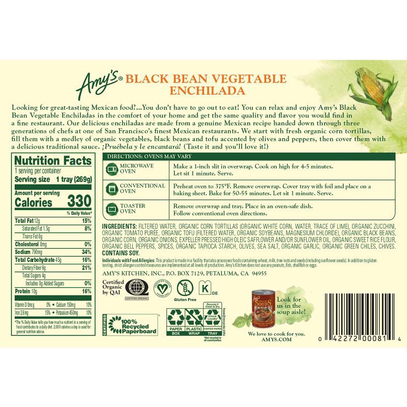 slide 3 of 4, Amy's Gluten Free and Vegan Frozen Black Bean & Vegetable Enchilada - 9.5oz, 9.5 oz