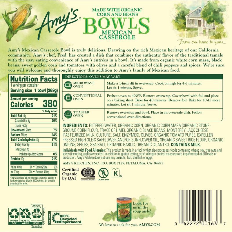 slide 3 of 5, Amy's Frozen Bowls Mexican Casserole Gluten Free - 9.5 oz, 9.5 oz