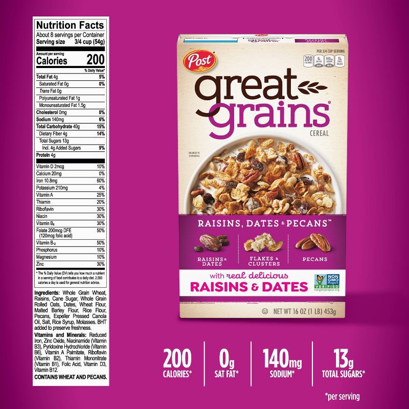 slide 6 of 11, Great Grains Selects Cereal Raisins, Dates and Pecans Breakfast Cereal - 16oz - Post, 16 oz