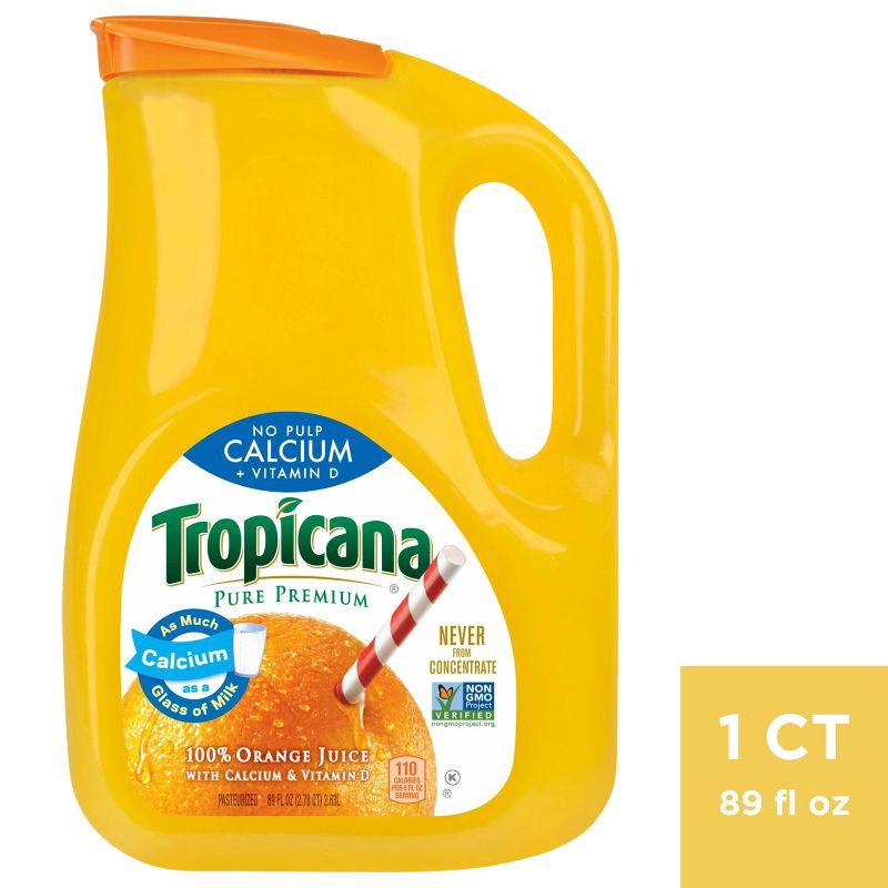 slide 1 of 3, Tropicana Pure Premium No Pulp Calcium + Vitamin D Orange Juice - 89 fl oz, 89 fl oz