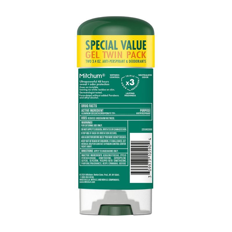 slide 2 of 9, Mitchum Men's Triple Odor Protection Antiperspirant & Deodorant Gel - Unscented - 3.4oz/2pk, 2 ct; 3.4 oz