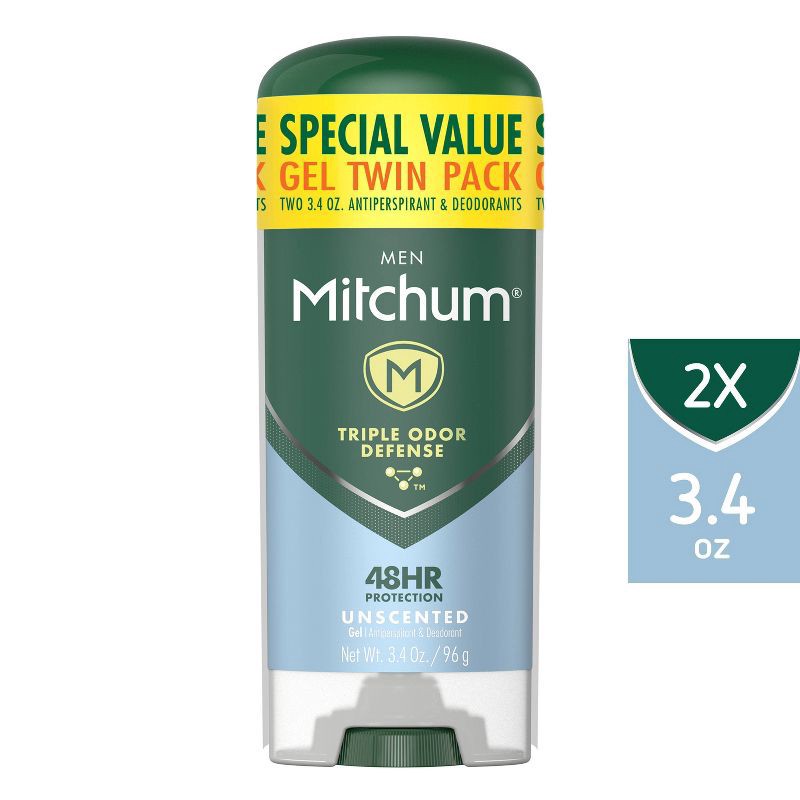 slide 1 of 9, Mitchum Men's Antiperspirant & Deodorant Triple Odor Defense Gel Stick, 48 Hr Protection, Unscented - Unscented - 3.4oz/2pk, 2 ct; 3.4 oz