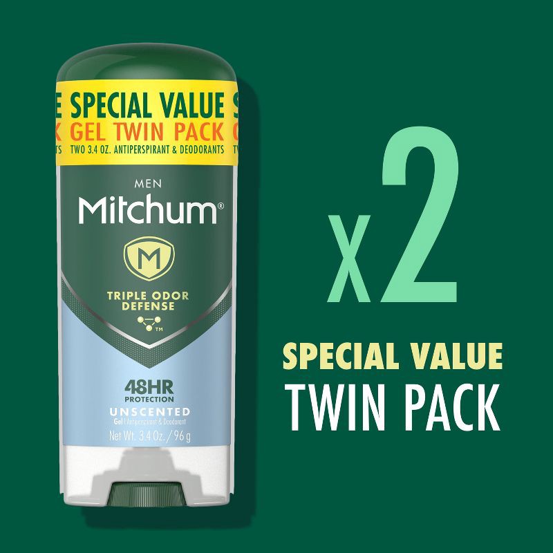 slide 4 of 9, Mitchum Men's Antiperspirant & Deodorant Triple Odor Defense Gel Stick, 48 Hr Protection, Unscented - Unscented - 3.4oz/2pk, 2 ct; 3.4 oz