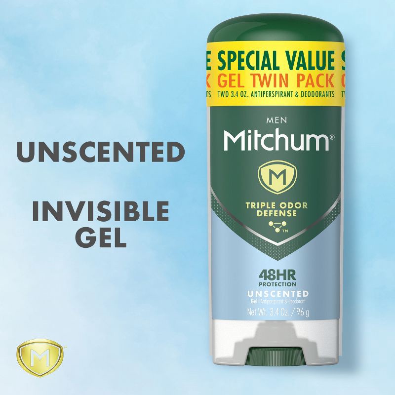 slide 5 of 9, Mitchum Men's Antiperspirant & Deodorant Triple Odor Defense Gel Stick, 48 Hr Protection, Unscented - Unscented - 3.4oz/2pk, 2 ct; 3.4 oz