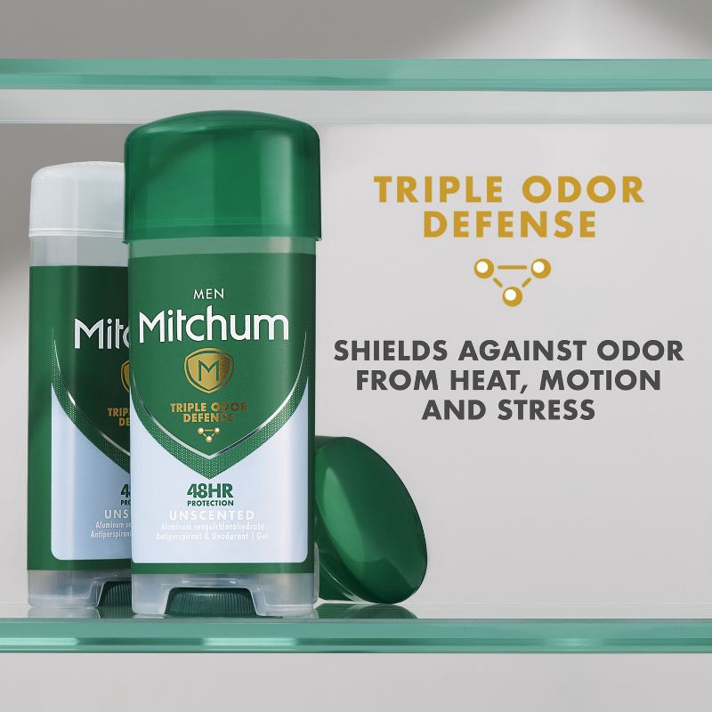 slide 7 of 9, Mitchum Men's Antiperspirant & Deodorant Triple Odor Defense Gel Stick, 48 Hr Protection, Unscented - Unscented - 3.4oz/2pk, 2 ct; 3.4 oz