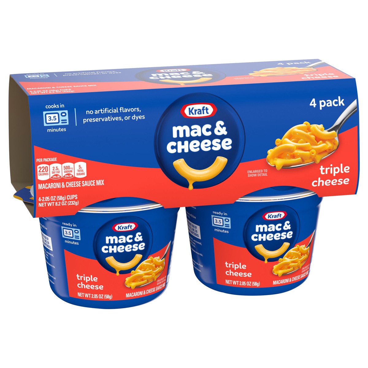 slide 6 of 9, Kraft Triple Cheese Mac & Cheese Macaroni and Cheese Dinner, 4 ct Pack, 2.05 oz Cups, 4 ct