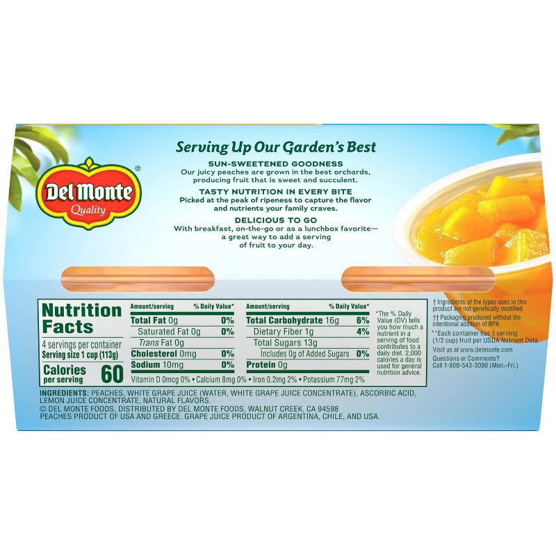 slide 2 of 6, Del Monte Diced Peaches In 100% Juice Fruit Cups - 4ct/16oz, 4 ct; 16 oz