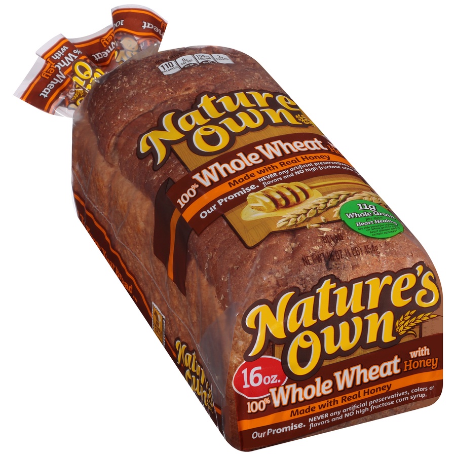 slide 4 of 8, Nature's Own 100% Whole Wheat Bread with Honey, Sliced Whole Wheat Sandwich Bread, 16 oz Loaf, 16 oz