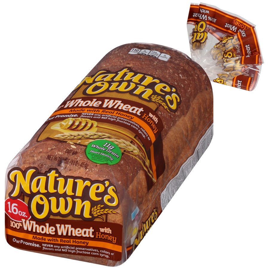 slide 2 of 8, Nature's Own 100% Whole Wheat Bread with Honey, Sliced Whole Wheat Sandwich Bread, 16 oz Loaf, 16 oz