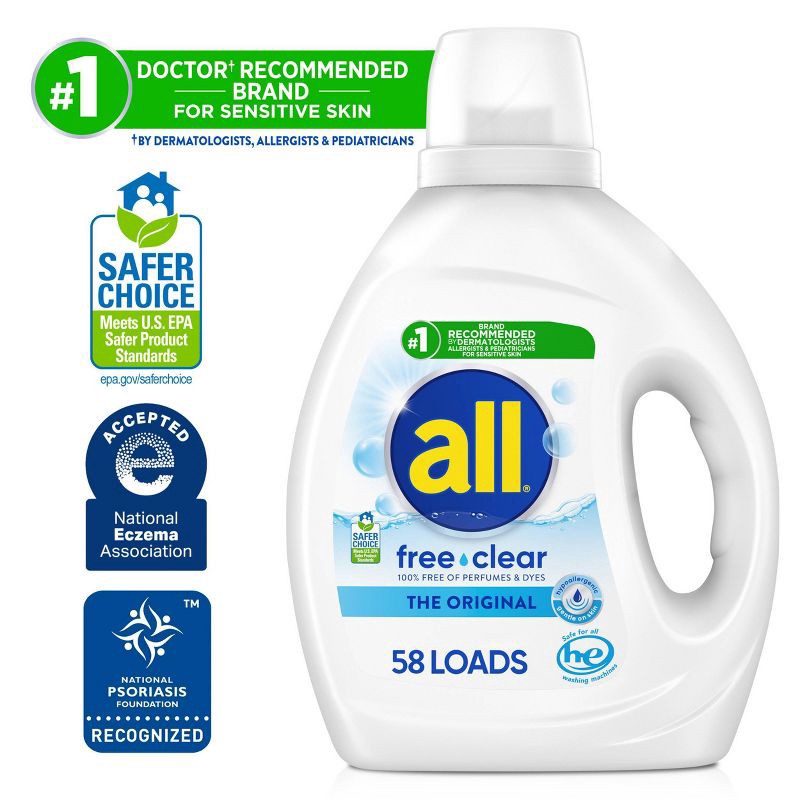 slide 6 of 8, All Unscented Free Clear for Sensitive Skin HE Liquid Laundry Detergent 58 Loads - 73 fl oz, 73 fl oz