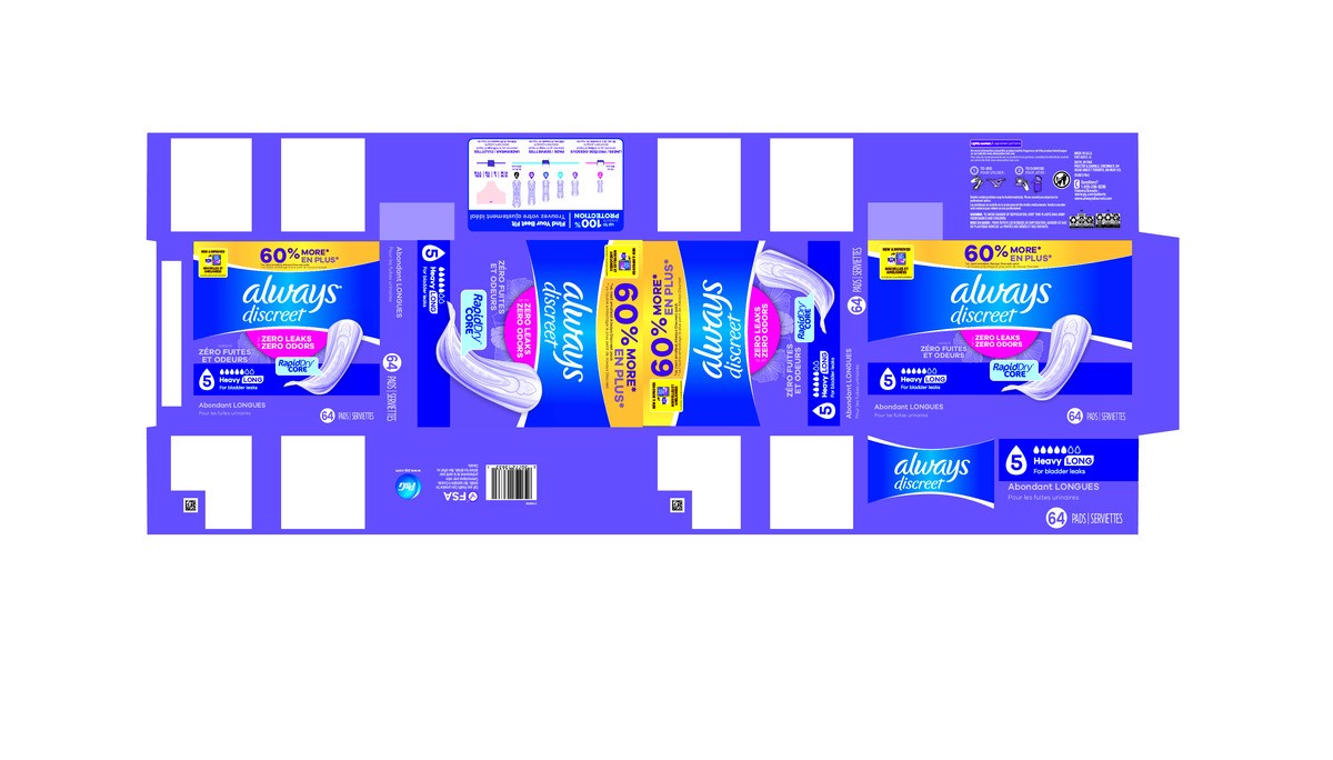 slide 5 of 7, Always Discreet Adult Incontinence Pads for Women, Heavy Absorbency, Long Length, Postpartum Pads, 64 CT, 64 ct