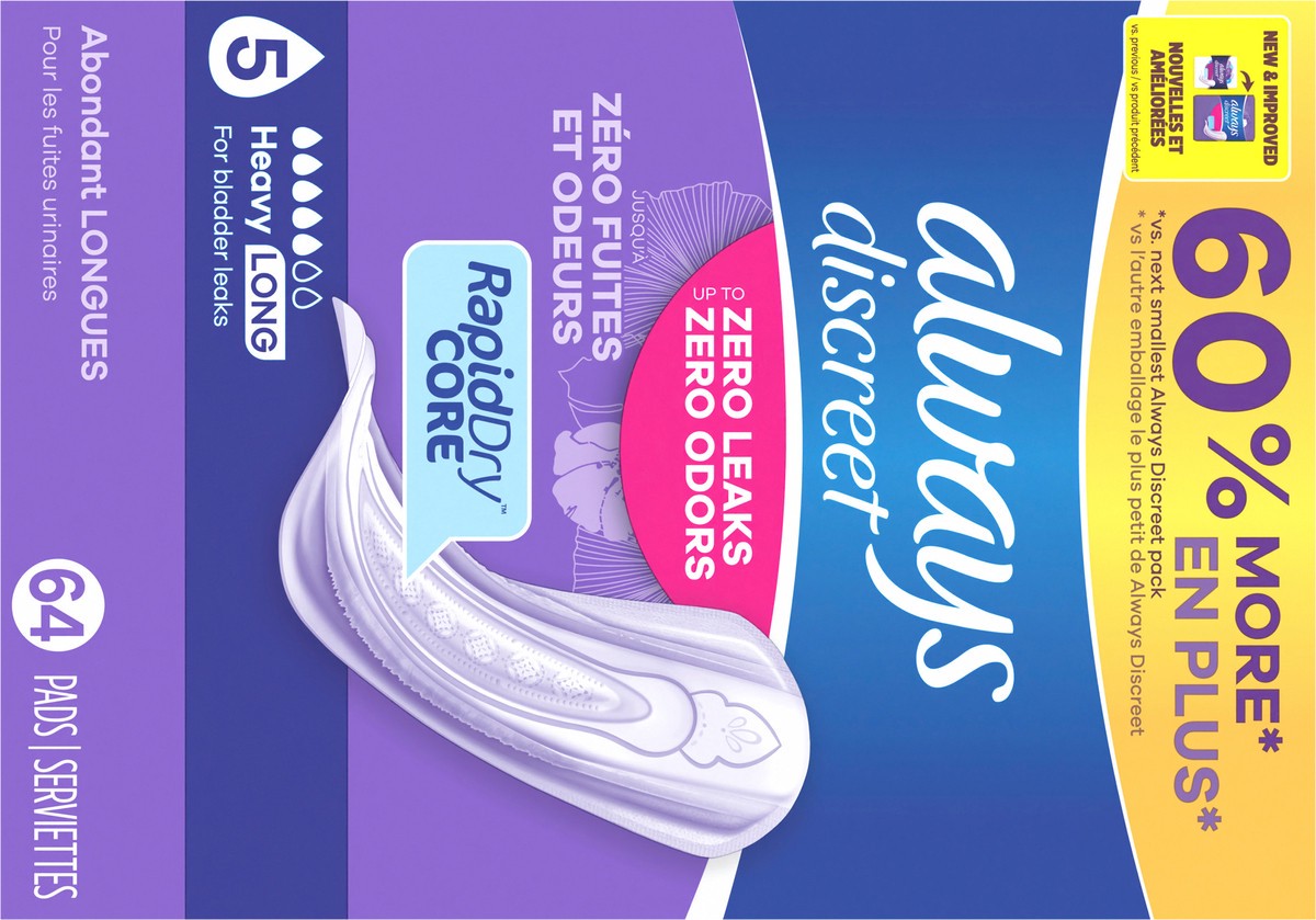 slide 2 of 7, Always Discreet Adult Incontinence Pads for Women, Heavy Absorbency, Long Length, Postpartum Pads, 64 CT, 64 ct