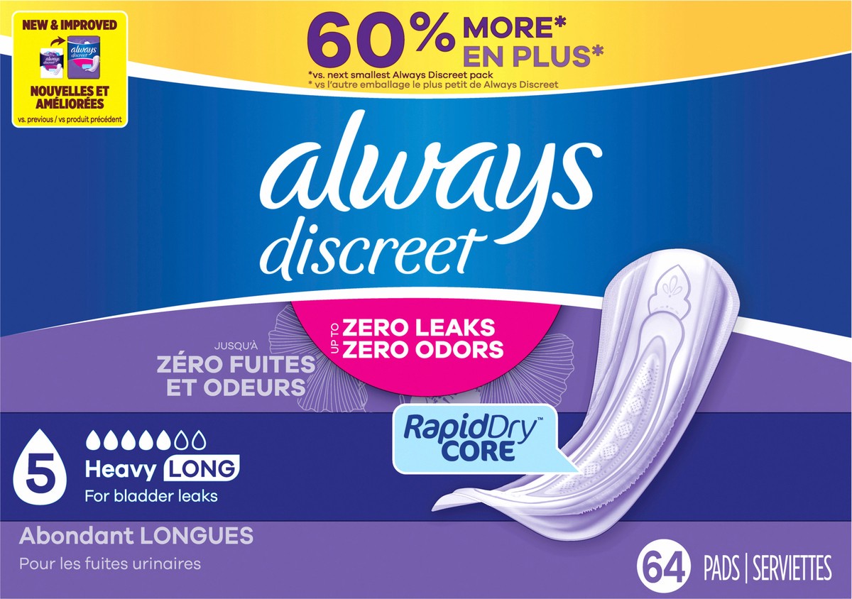slide 3 of 7, Always Discreet Adult Incontinence Pads for Women, Heavy Absorbency, Long Length, Postpartum Pads, 64 CT, 64 ct