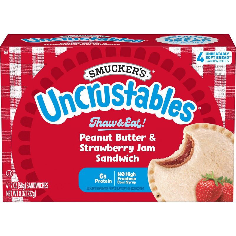 slide 1 of 10, Smucker's Uncrustables Frozen Peanut Butter & Strawberry Jam Sandwich - 8oz/4ct, 4 ct; 8 oz