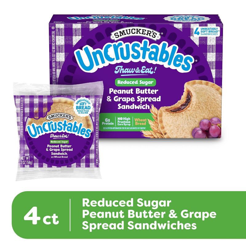 slide 3 of 9, Smucker's Uncrustables Frozen Whole Wheat Peanut Butter & Grape Jelly Sandwiches - 8oz/4ct, 4 ct; 8 oz