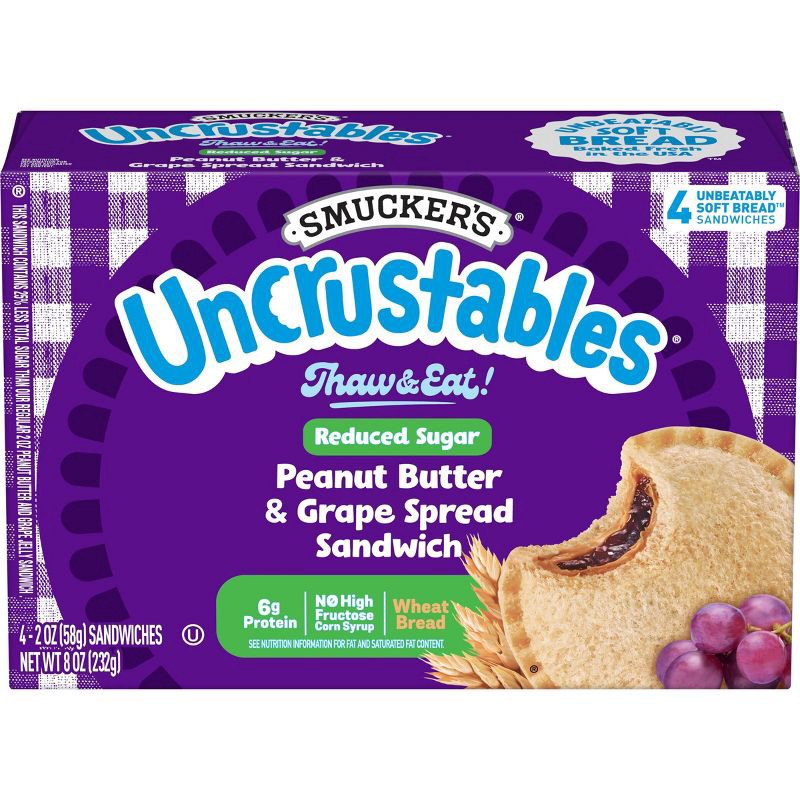 slide 1 of 7, Smucker's Uncrustables Frozen Whole Wheat Peanut Butter & Grape Jelly Sandwiches - 8oz/4ct, 4 ct; 8 oz