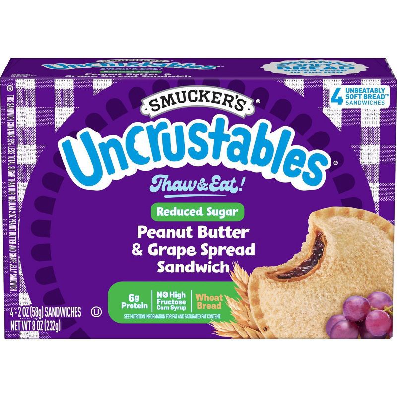 slide 1 of 9, Smucker's Uncrustables Frozen Whole Wheat Peanut Butter & Grape Jelly Sandwiches - 8oz/4ct, 4 ct; 8 oz