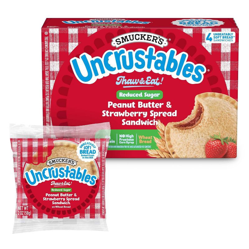slide 2 of 9, Smucker's Uncrustables Frozen Whole Wheat Peanut Butter & Strawberry Jam Sandwich - 8oz/4ct, 4 ct; 8 oz