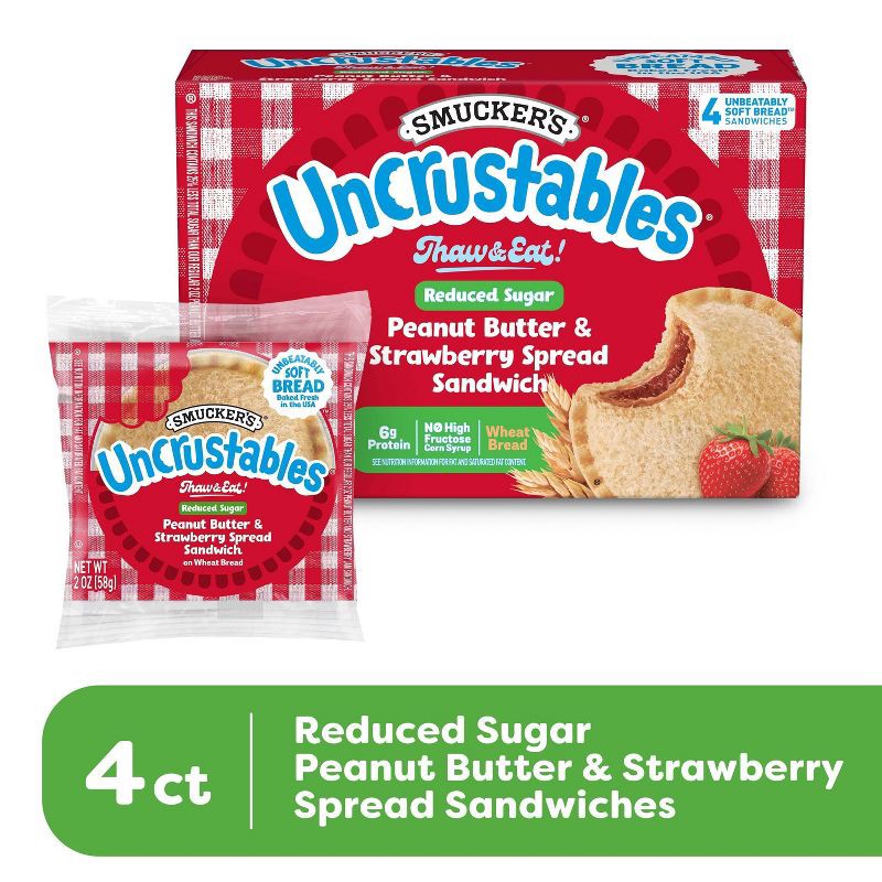 slide 3 of 9, Smucker's Uncrustables Frozen Whole Wheat Peanut Butter & Strawberry Jam Sandwich - 8oz/4ct, 4 ct; 8 oz