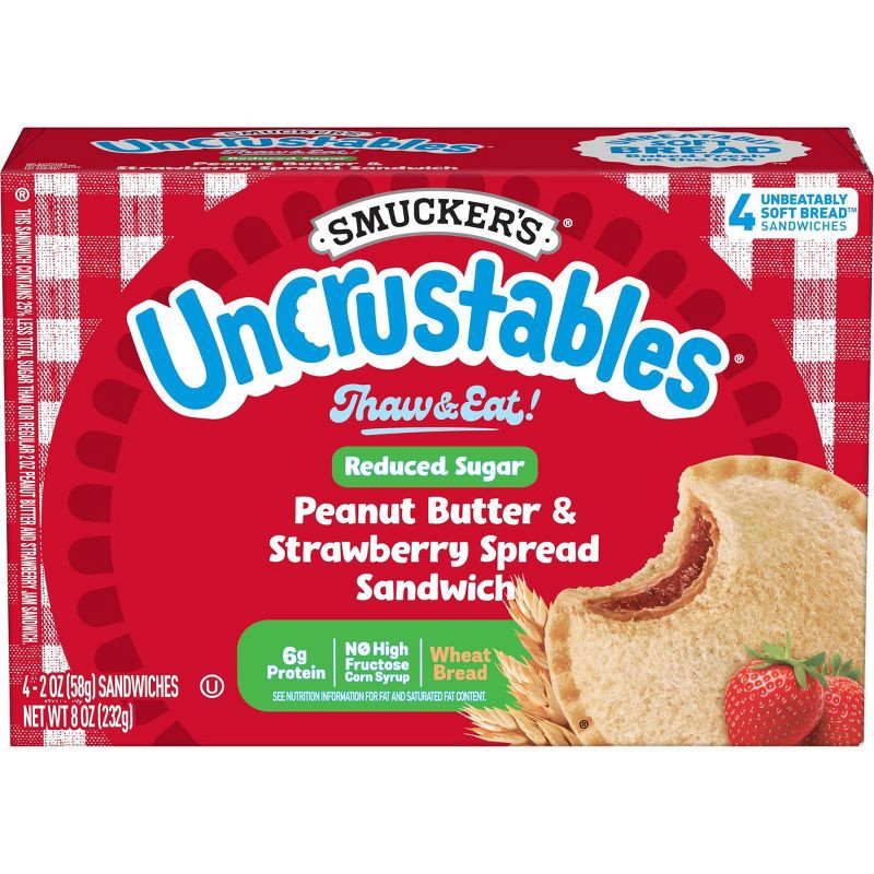 slide 1 of 9, Smucker's Uncrustables Frozen Whole Wheat Peanut Butter & Strawberry Jam Sandwich - 8oz/4ct, 4 ct; 8 oz